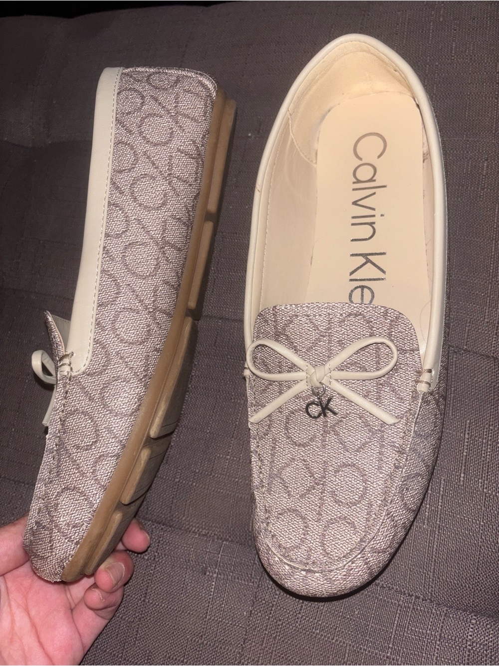 Calvin Klein Women's Taupe Monogram Loafers with Cream Trim